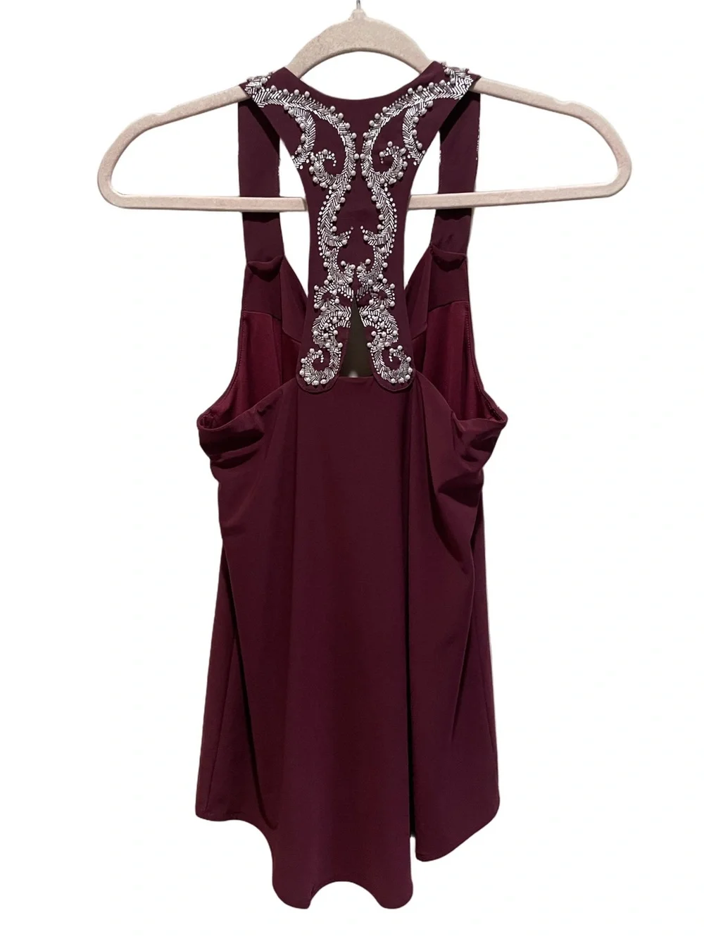 WHBM Burgundy Embellished Razorback blouse. Size S. - Picture 3 of 9